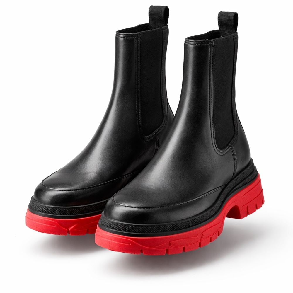 Sorel Black Leather Chelsea Boots with Red Lug Sole - Picture 2 of 10